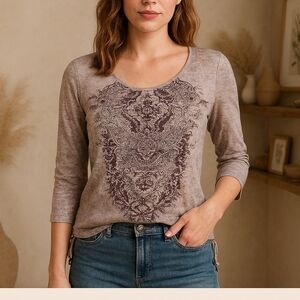 Chic Beige Patterned Long Sleeve Top